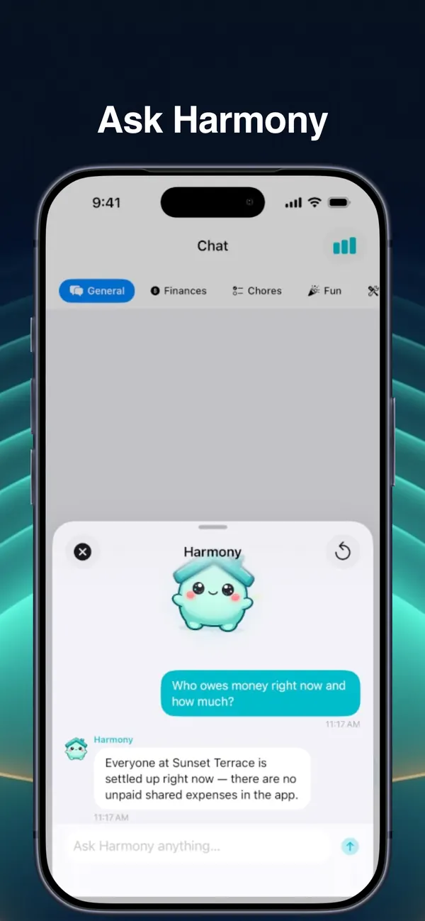 Ask Harmony screen: the AI house assistant answering who owes money right now
