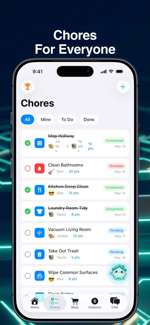 Chores screen: list of household chores with assignees, points, and completed or overdue status