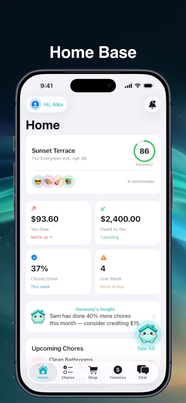 Home Base screen: household overview with Harmony Score, balances, chores done, and an AI insight