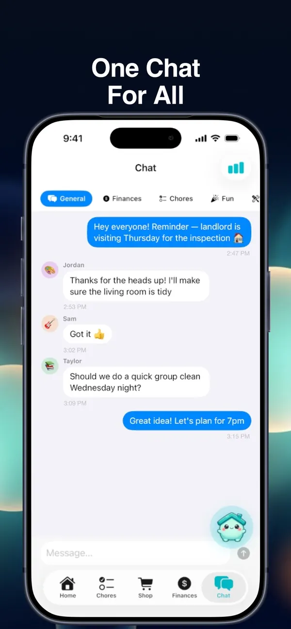 House chat screen: roommates messaging in a group chat organized by topic tabs