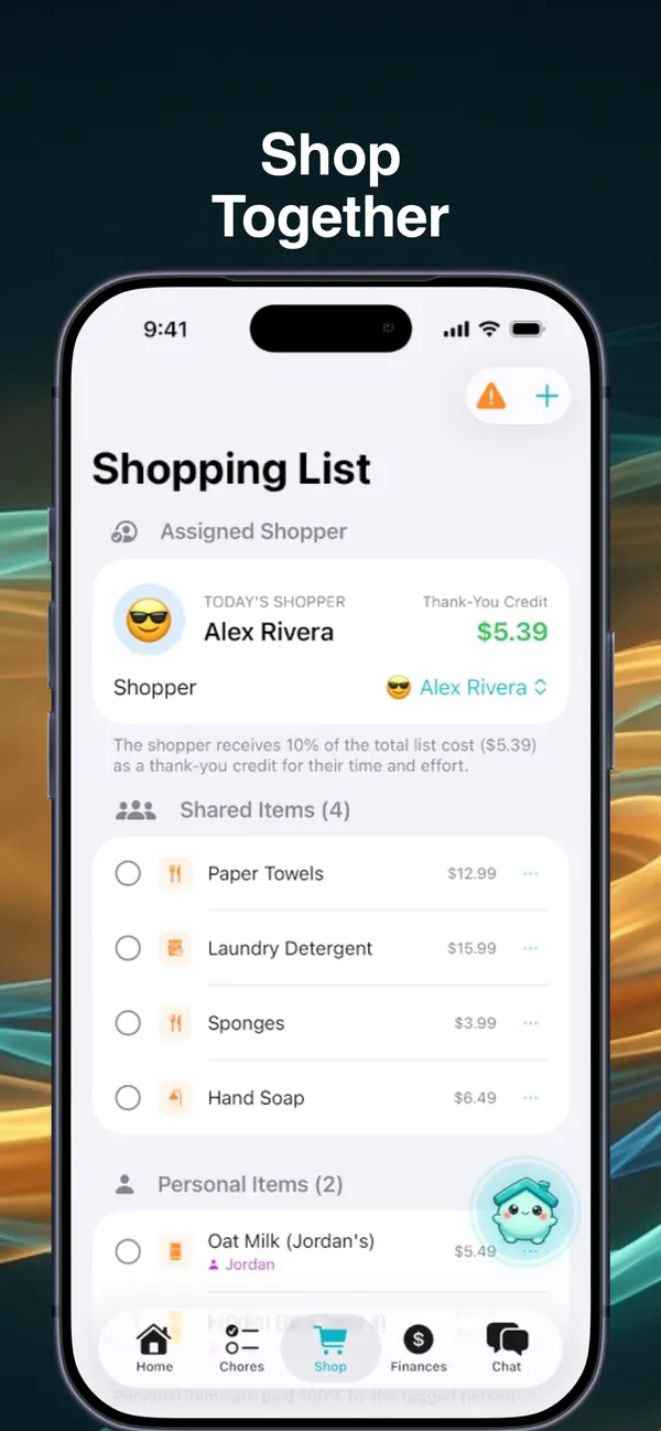 Shopping List screen: today's assigned shopper, thank-you credit, and shared and personal items