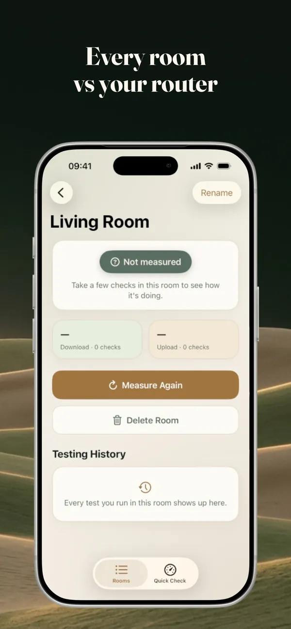 Living Room screen: download and upload results, a Measure Again button, and the room's testing history