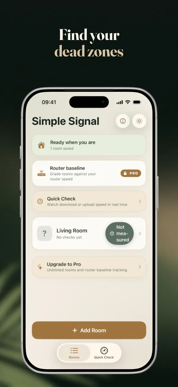 Simple Signal home screen: a saved room called Living Room, a Quick Check shortcut, and an Add Room button