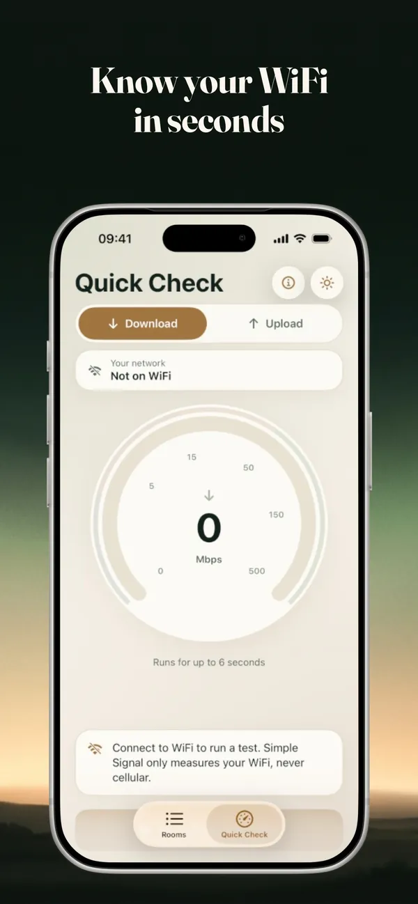 Quick Check screen: a speed dial with Download and Upload buttons, and a note that Simple Signal only measures your WiFi, never cellular